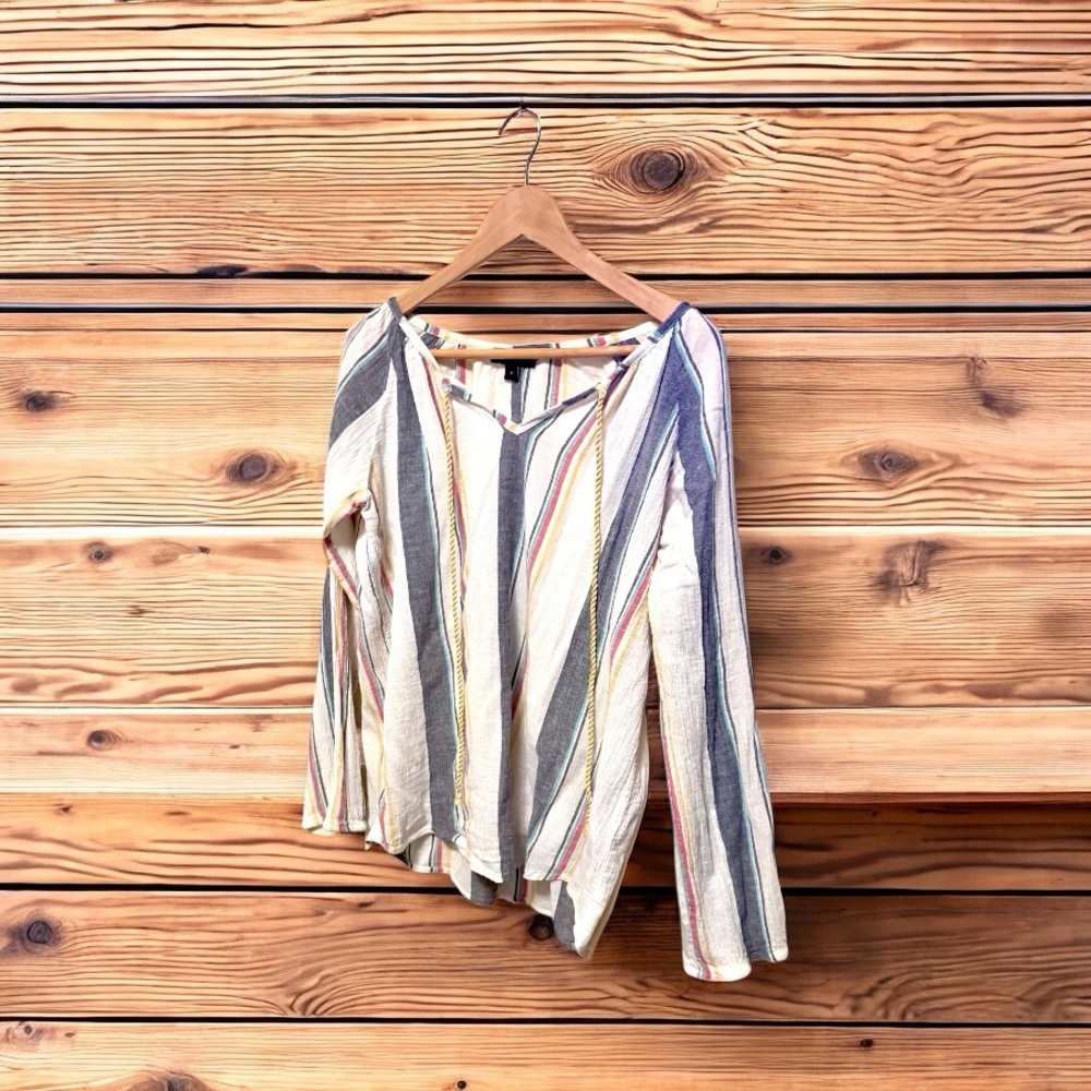White and Blue Asymmetrical Long Sleeve Blouse